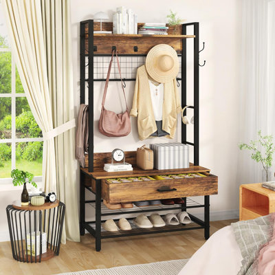 Portemanteau, portemanteau avec rangement pour chaussures, portemanteau d'entrée 5-en-1 et banc de rangement, grand banc à chaussures d'appoint en bois avec tablette de rangement pour le couloir