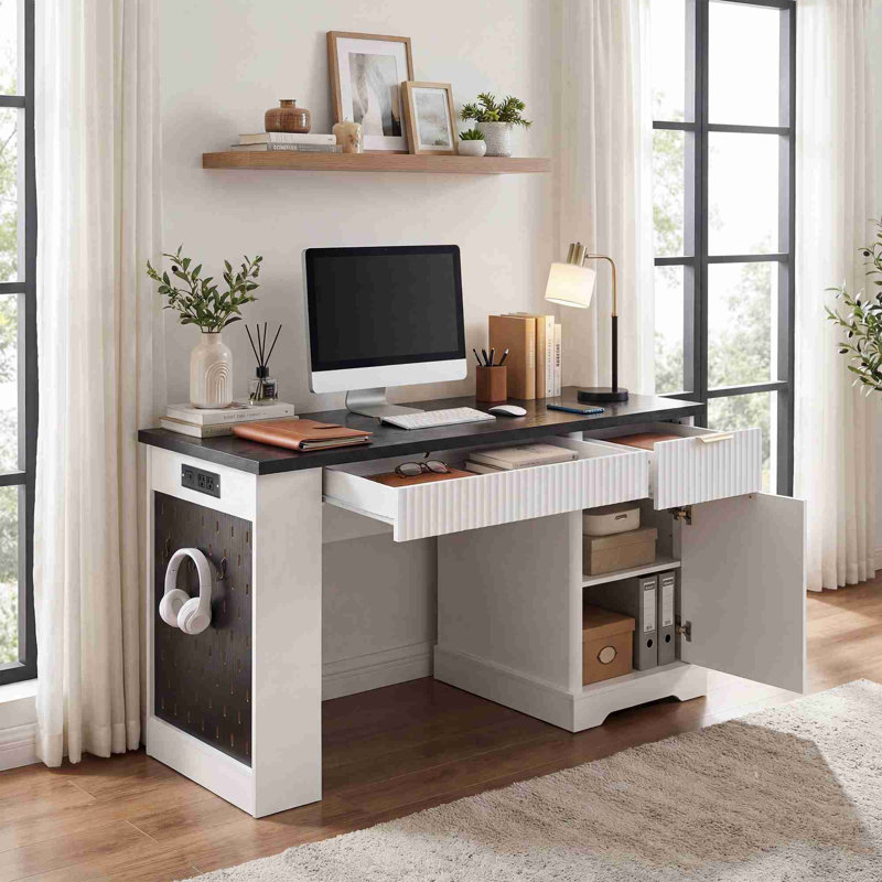 Bureau moderne de 55 po avec armoire de rangement et tiroirs, Chêne pâle / blanc