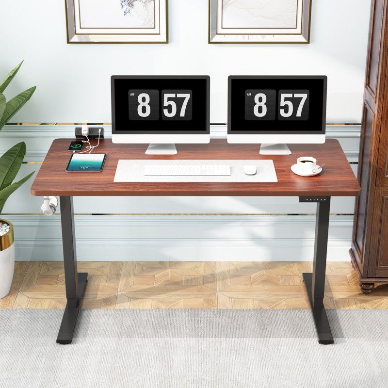 Adjustable Standing Desk, Whole-Piece Desktop, Mahogany/Black, 55" W x 28" D