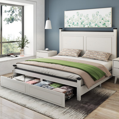 High Headboard Bed Frame With Hidden Storage & Silent Sliders, Queen/king