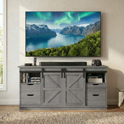 58-Inch Tv Console With Sliding Barn Doors, 4 Drawers, And Media Storage – Fits Tvs Up To 65