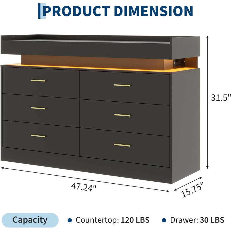 31.5" Height TV Stand Cabinet with 6 Drawers, Black