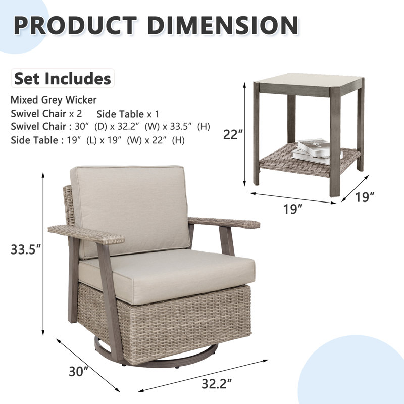 Arusha Antilles Howton 3-Piece 360-Degree Oversized Resin Wicker Outdoor Swivel Rocker Patio Chairs Set, Gray