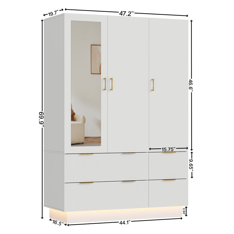 Armoire 3 portes avec miroir, lumières DEL, 4 tiroirs, tringle et tablettes réglables, armoire de rangement spacieuse en bois