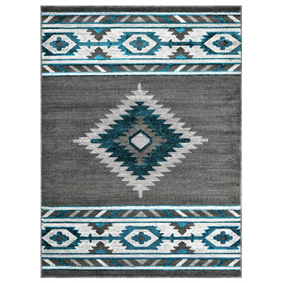 Tapis gris HR Turquoise et multi Southwestern pour chalet Tribal Medallion