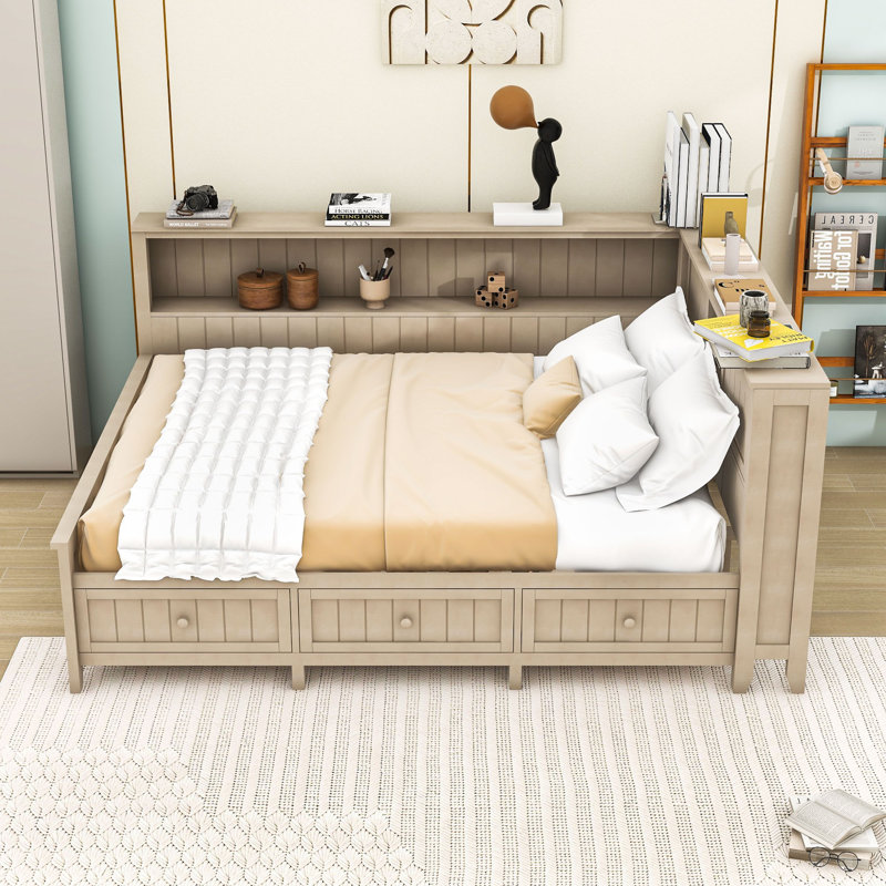 Lit de jour en bois avec 3 tiroirs et tablettes de rangement, Lit double