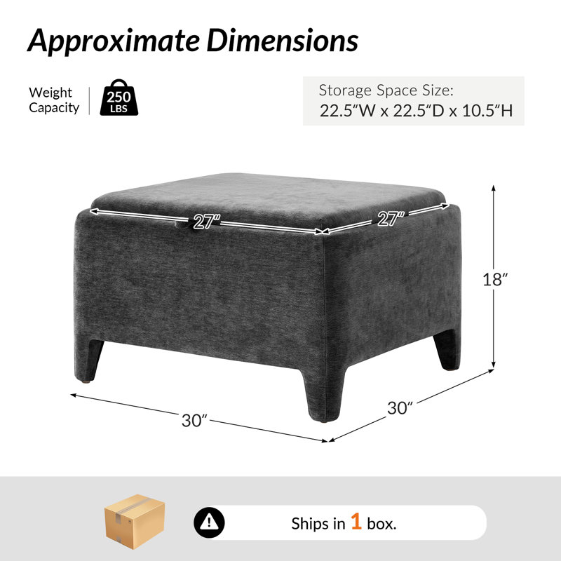 Zephyr 30"W Modern Chenille Upholstered Ottoman with Storage, Gray