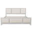 Structure de lit très grand avec tête de lit tapissier, bois massif blanc et tissu beige, pas de sommier tapissier, style campagne moderne