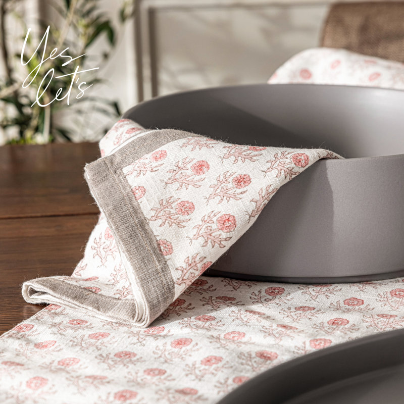 Hand-Blocked Pink Bloom Cotton Cloth Napkins, Set of 4