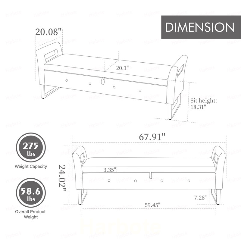 Banc de rangement en velours beige avec accoudoirs, idéal pour le salon, l'entrée ou la chambre.