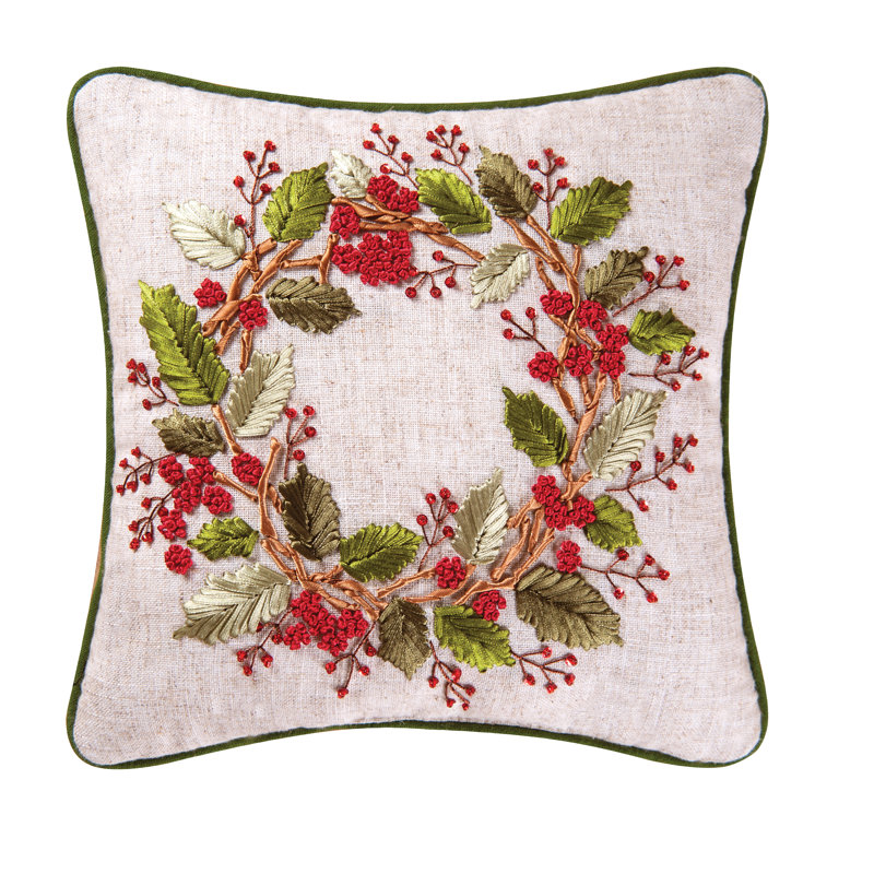 12" Square Red and Green Embroidered Linen Holiday Throw Pillow