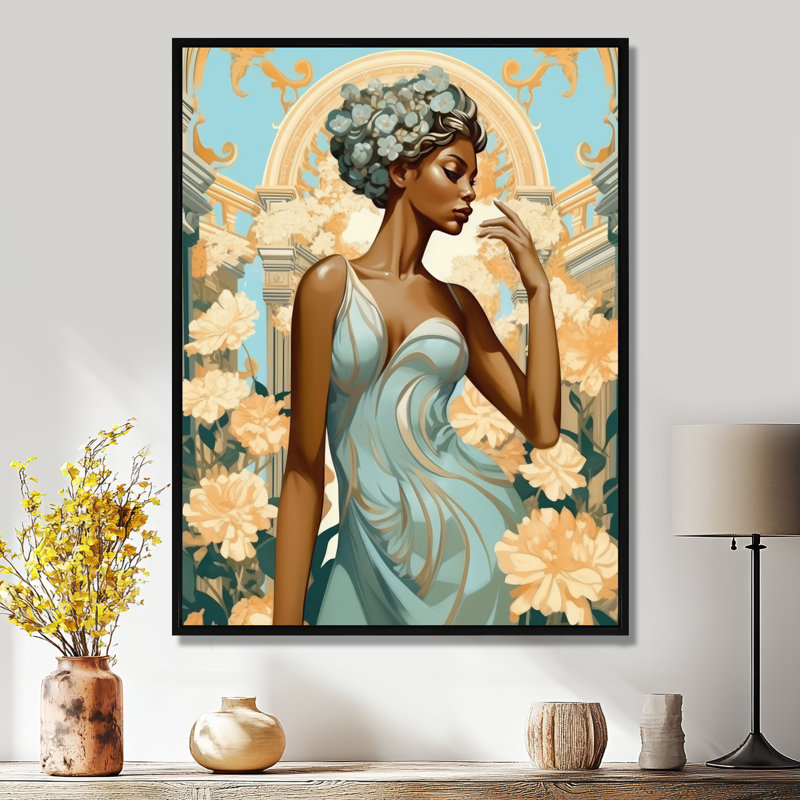 Élégante beauté afro-américaine dans un pré de fleurs - impression, Cadre flottant noir, H 32 po x l 24 po x P 1 po