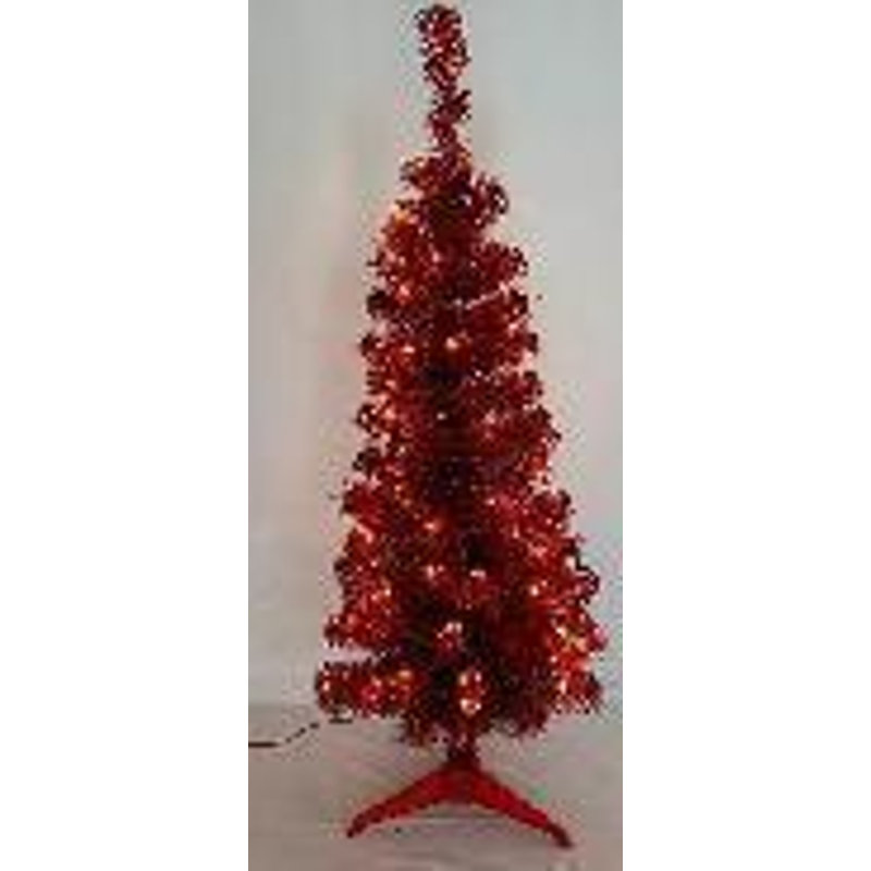 Pre-Lit Profile Artificial Tinsel Christmas Tree - Red, 6', Pre-Lit