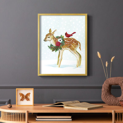 «Winter Woodland Creatures with Cardinals II», reproduction encadrée - bois massif