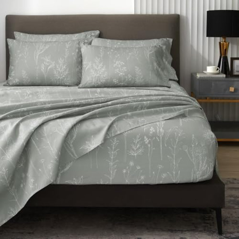 Ensemble de draps 6 pièces pour très grand lit, feuilles à motif floral, draps gris à poches profondes jusqu'à 18 pouces