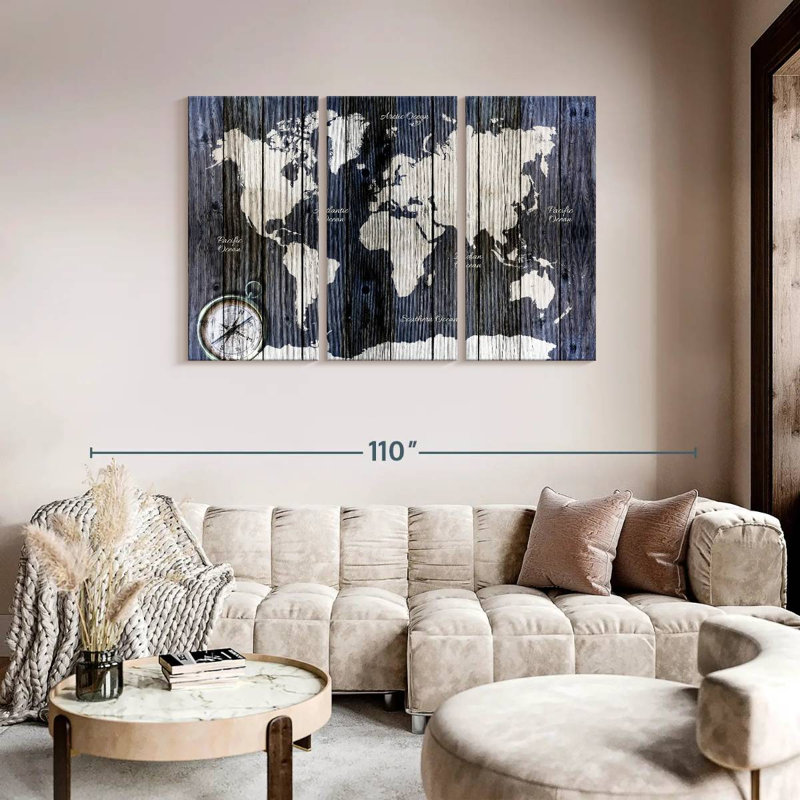 Carte du monde sur bois, carte du monde sur toile, reproduction de 3 pièces, H 48 po x l 74 po x P 1,25 po