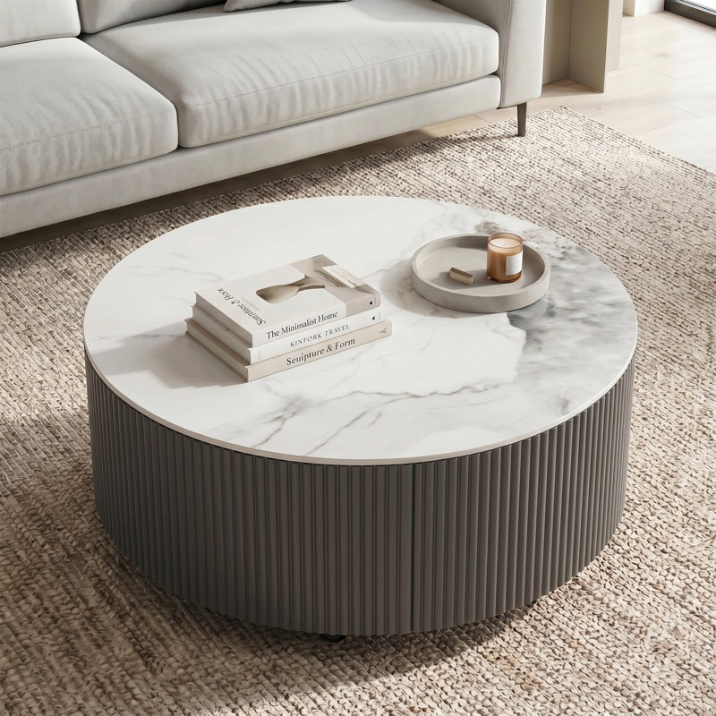 Table basse ronde 29,5 po moderne avec plateau en pierre frittée à motif marbré, 2 tiroirs, roulettes, mobile, facile à assembler
