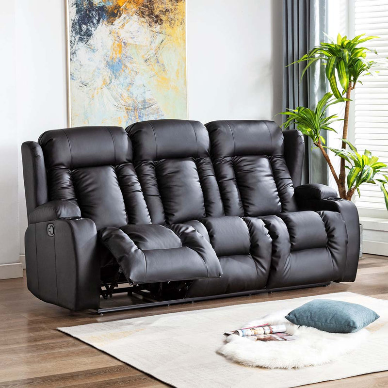 Deneishia 3 Seater Linen Reclining Sofa, Black