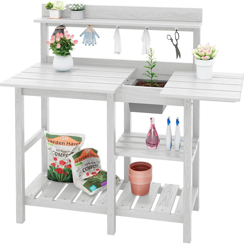 Établi de jardin tout-en-un: table de rempotage robuste avec évier intégré, tiroir de rangement et tablettes | Fabrication en PEHD durable pour une utilisation extérieure