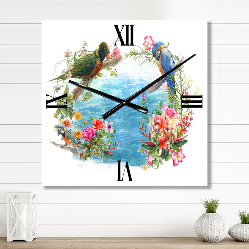 Horloge murale oiseaux et fleurs au bord de l'eau, Grand