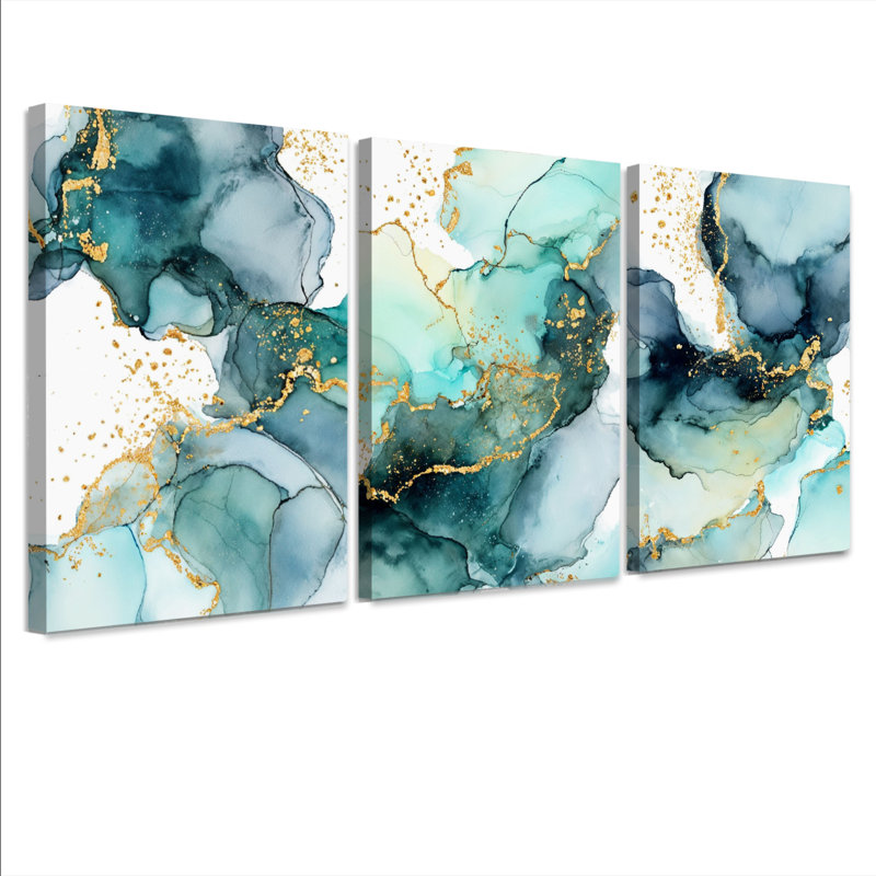 Abstract Teal and Gold Marble Canvas Wrapped Wall Art, Modern Oil Painting Print (Set of 3), 18" H x 36" W