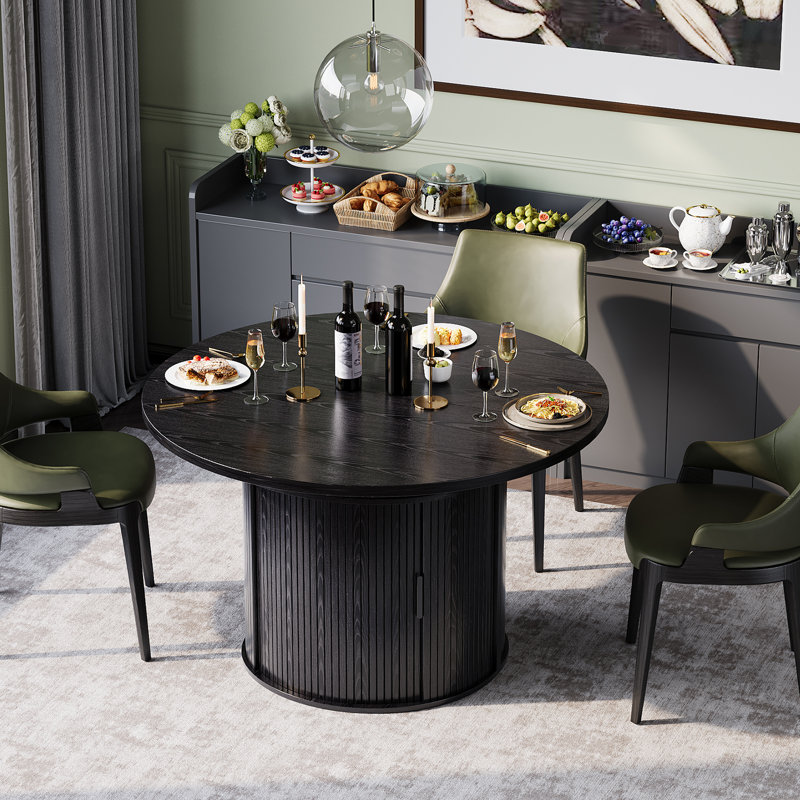Table de salle à manger extensible de style campagnard avec double couche de rangement et tiroir, taille réglable de 47 à 63 pouces, base à piédestal cannelée pouvant accueillir de 2 à 8 convives, noir