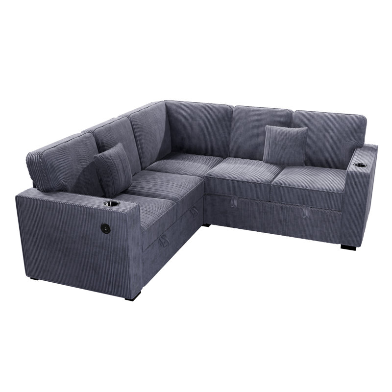 3-Piece Convertible Sectional, Beige Corduroy
