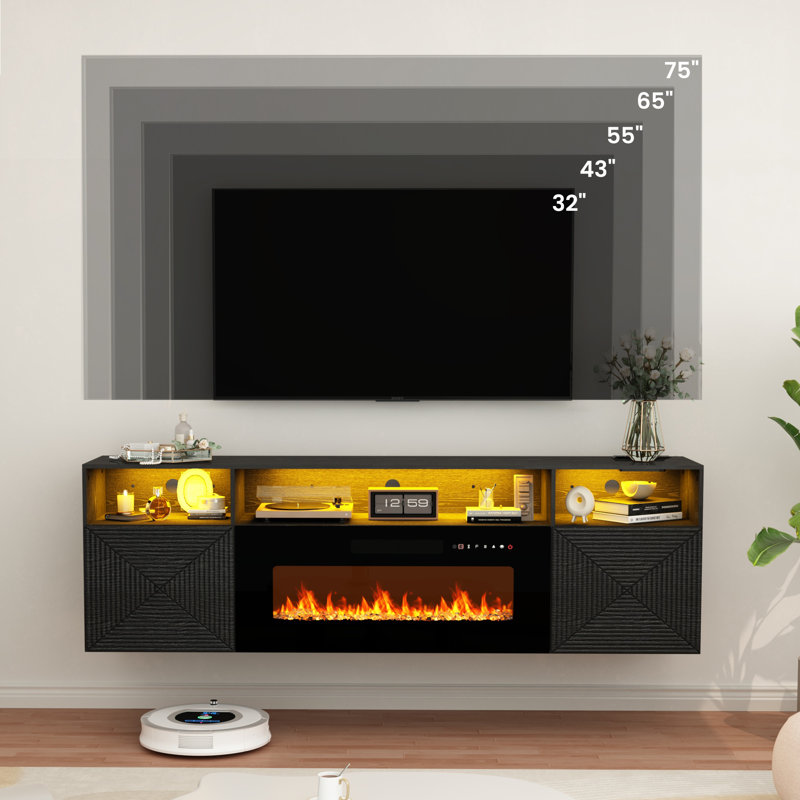 71" Floating TV Stand With 36" Electric Fireplace, Wall Mounted Entertainment Center With Power Outlets For Tvs UP To 80", TV Media Console For Small Sapces, Living Room, Black
