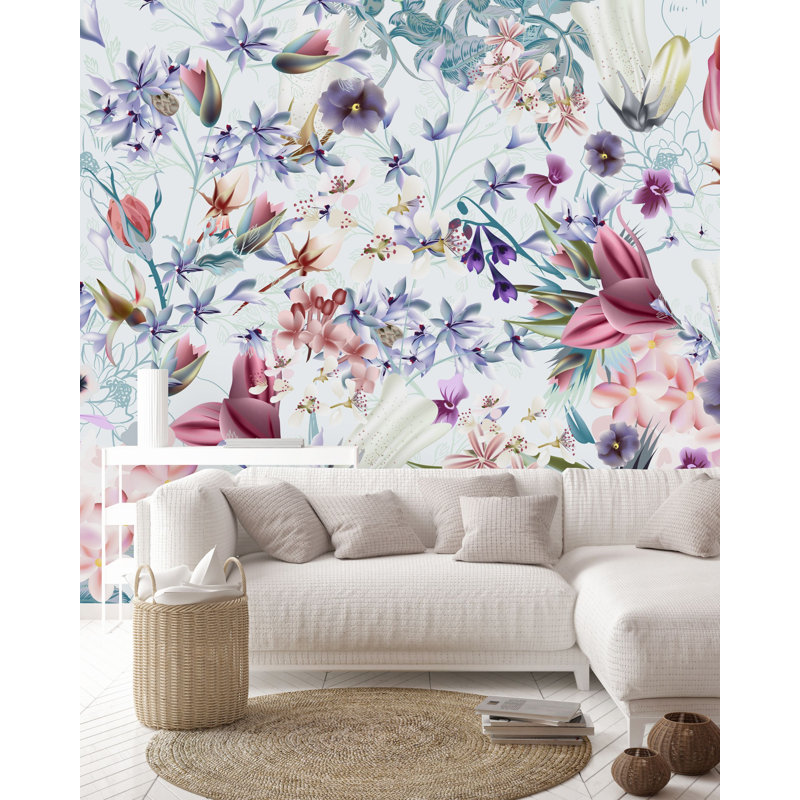 Murale fleurs, L 100 po x L 100 po, Mauve / violet / vert