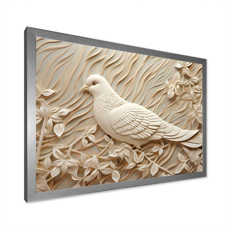 Colombe ivoire Innocence I sur toile, Cadre simple argenté, H 24 po x l 32 po x P 1 po