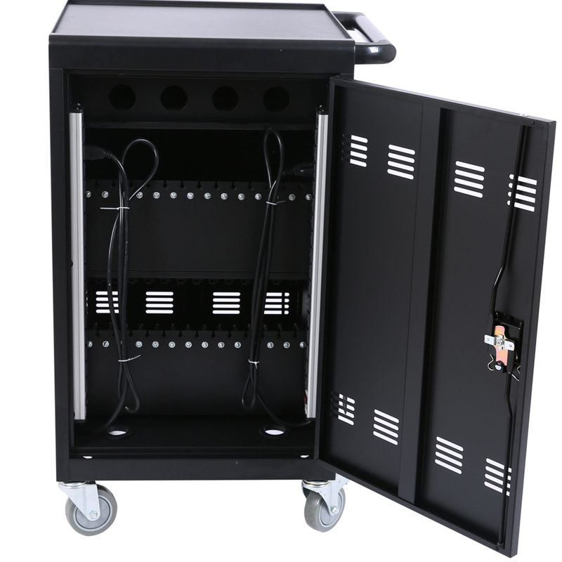Chariot de chargement noir pour 30 personnes, tablettes et ordinateurs portables - avec portes verrouillables, roulettes, finition de revêtement de puissance, tablette pour ordinateur portable 30 + 2 baies, noir, chargement rapide, rangement sécurisé, conception facile à assembler