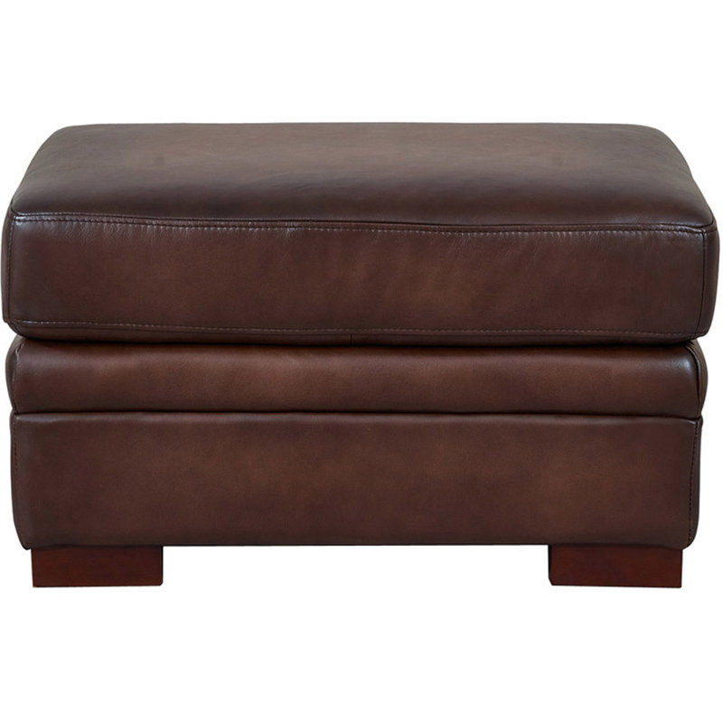 Caramel Brown Leather Ottoman with Solid Wood Legs