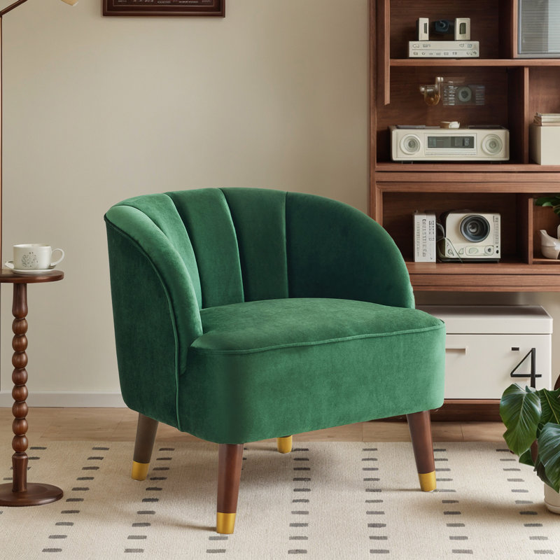 Gabrianna Upholstered Barrel Channel Chair With Wooden Legs, Emerald Polyester