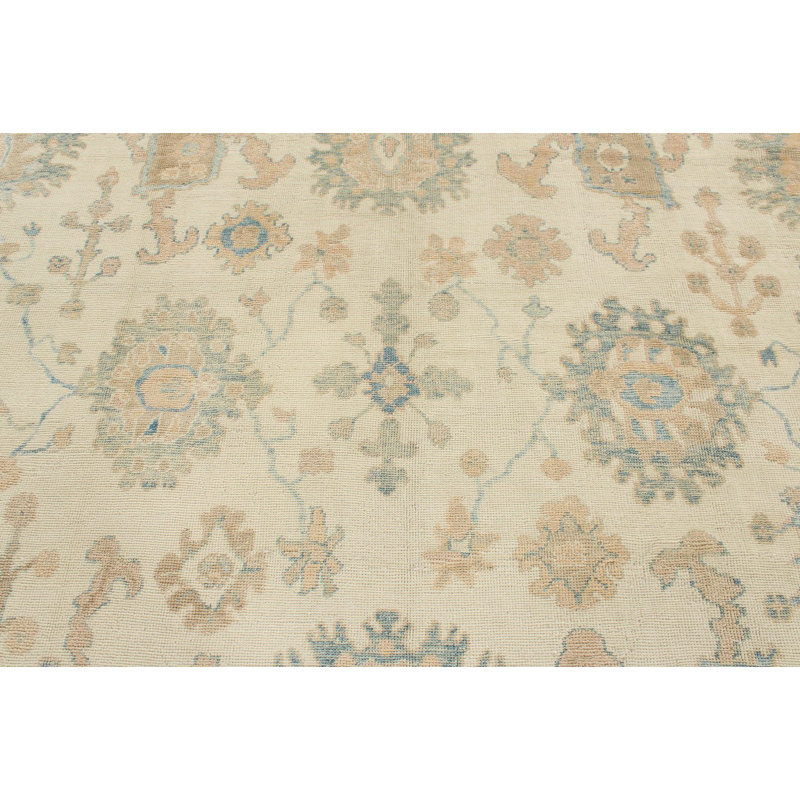 Tapis turc Oushak 12 x 15 ivoire et bleu