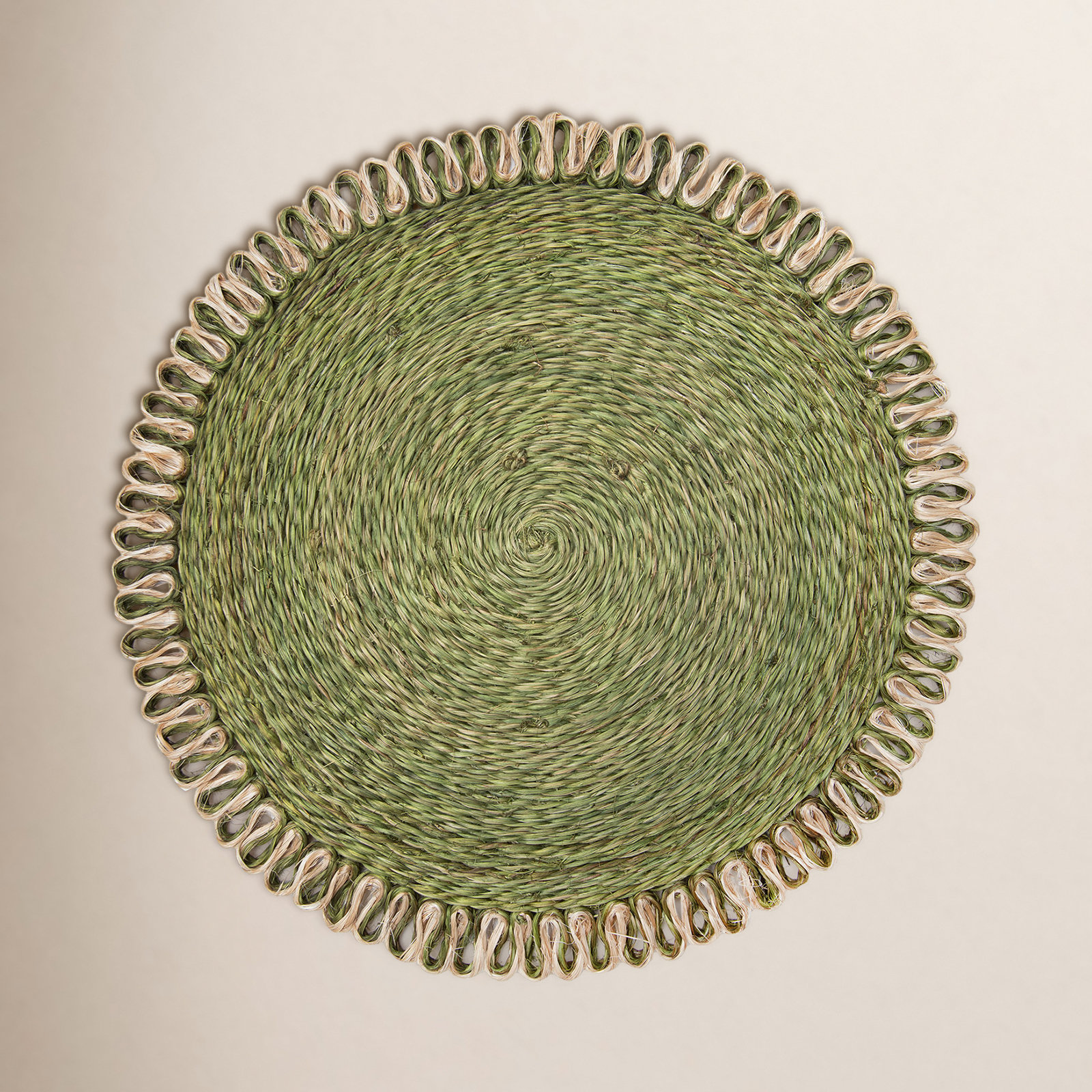 Amaretto Abaca Round Placemat, Olive Green/Natural
