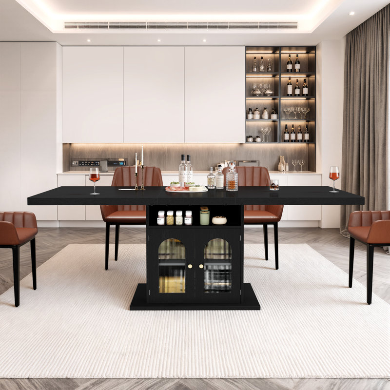 Black Dining Table For 4 To 6, Modern Kitchen Dining Room Table With 3-tier Storage Shelf And Acrylic Door Cabinet, Rectangular Wooden Dinner Tables For Home Kitchen Living Room