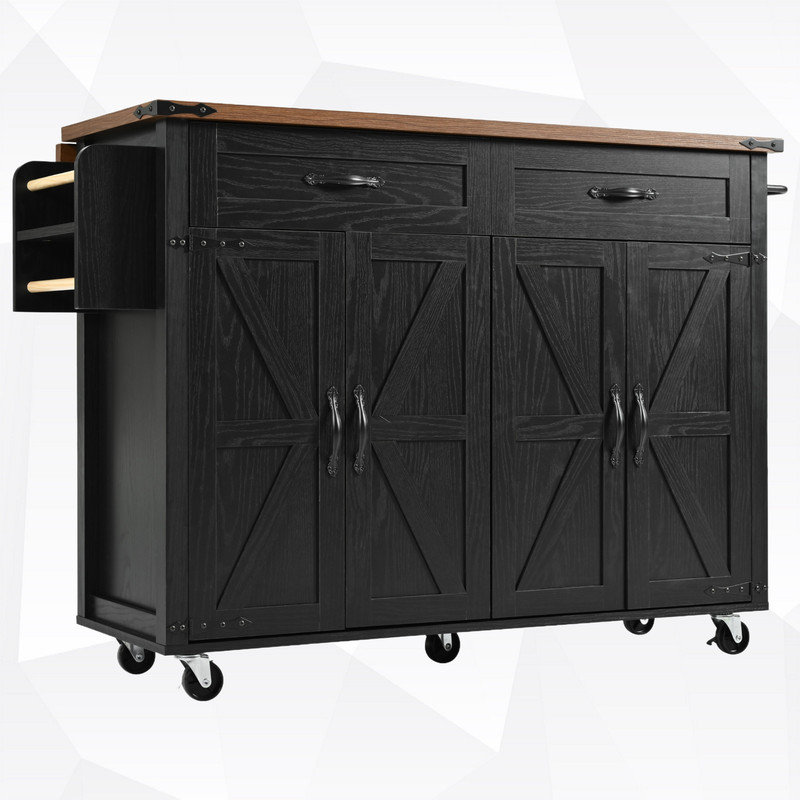 Kitchen Island with Drop Leaf & 2 Storage Cabinets, Black