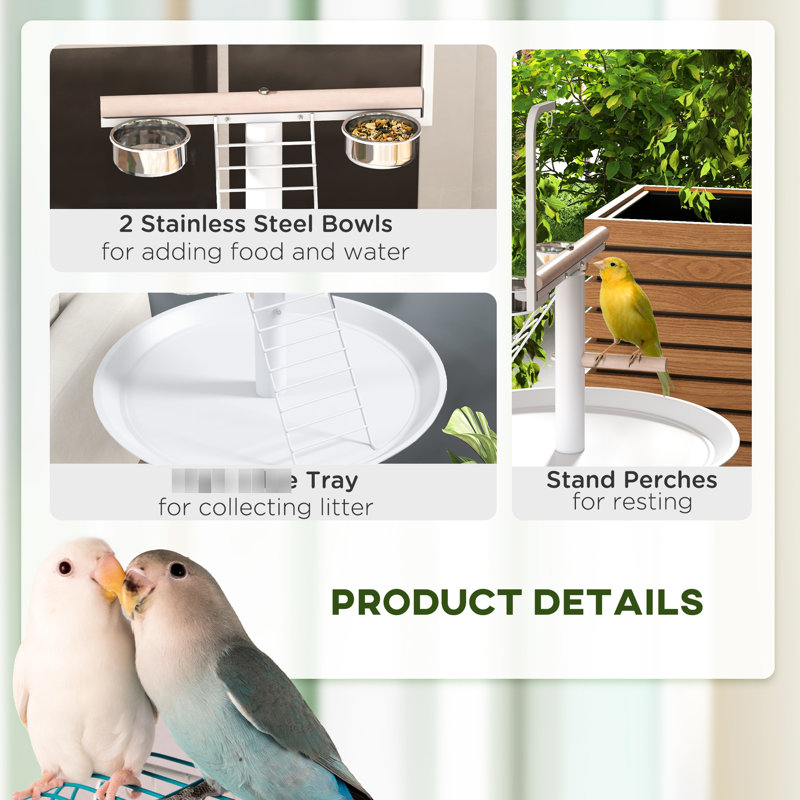 Support à oiseaux pour perroquets, de couleur blanche, équipé de roues, de perchoirs, de bols en acier inoxydable et d'un plateau rond