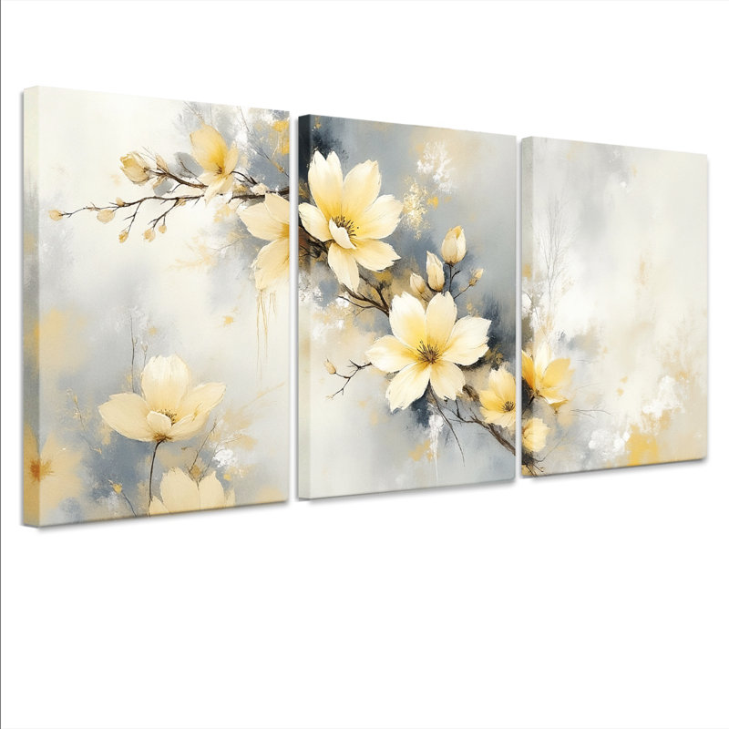 «Elegant Yellow Floral Abstract», reproduction d'art sur toile tendue sur toile (ensemble de 3), H 36 po x l 72 po