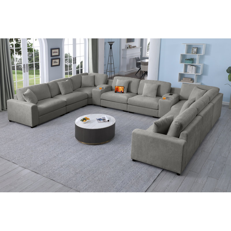 Modern Upholstered Cloud Modular Corner Sectional Sofa With Two Consoles, Light Gray Chenille