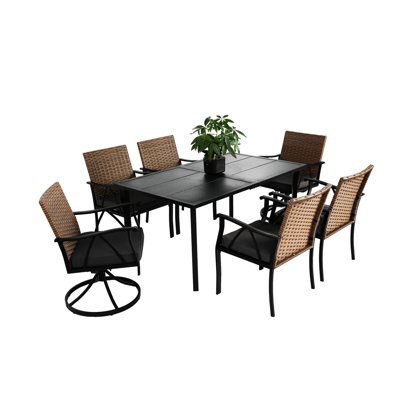 7 chaises de patio avec trou pour parasol, table en acier, brun / gris, chaises confortables et acier
