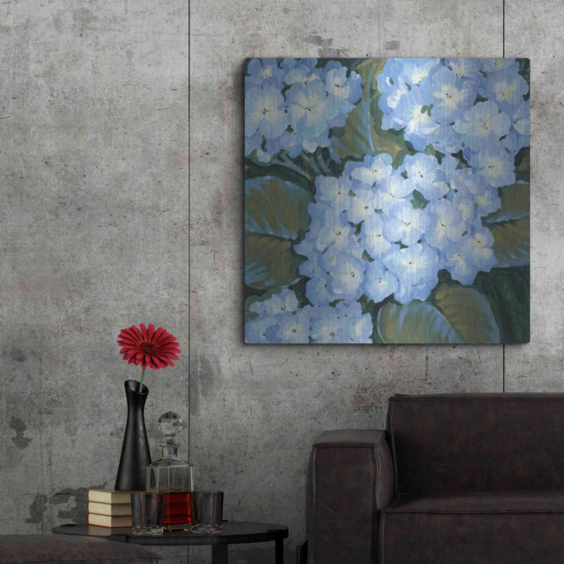 «Blue Hydrangeas I» par Tim O'Toole, art mural en métal, H 36 po x l 36 po