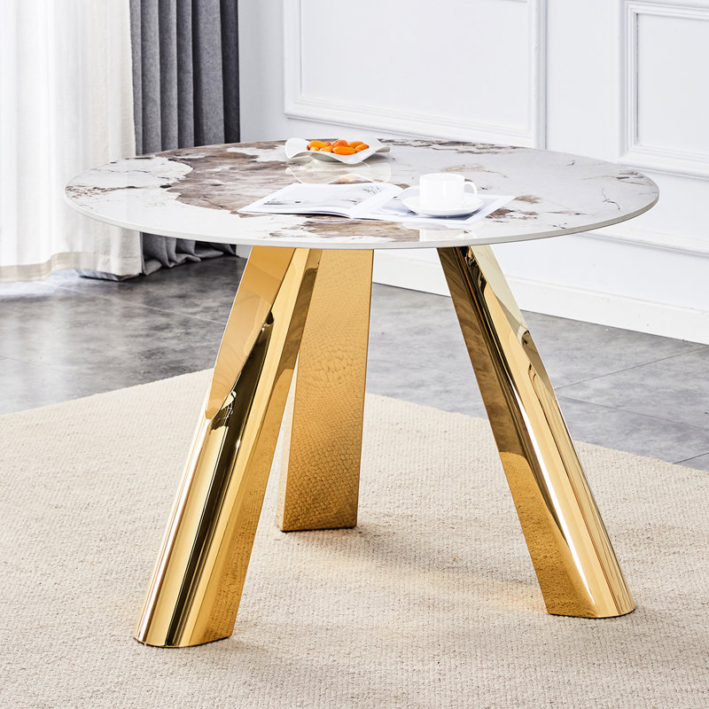 Table luxueuse de 42 po avec plateau en pierre blanche et pieds en acier inoxydable doré pour les occasions spéciales, Doré