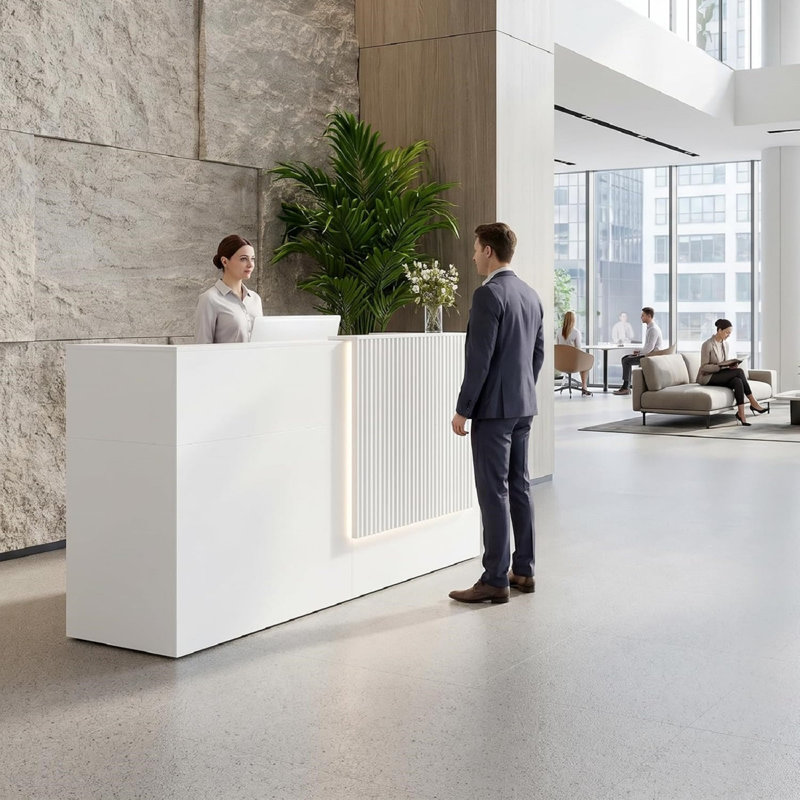 Comptoir d'accueil moderne de 200 cm (78,7 po) avec façade cannelée à DEL, tiroir verrouillable, prises de courant intégrées, port USB-C et rangement. Parfait pour la caisse, le salon de coiffure, le bureau et le comptoir d'accueil.