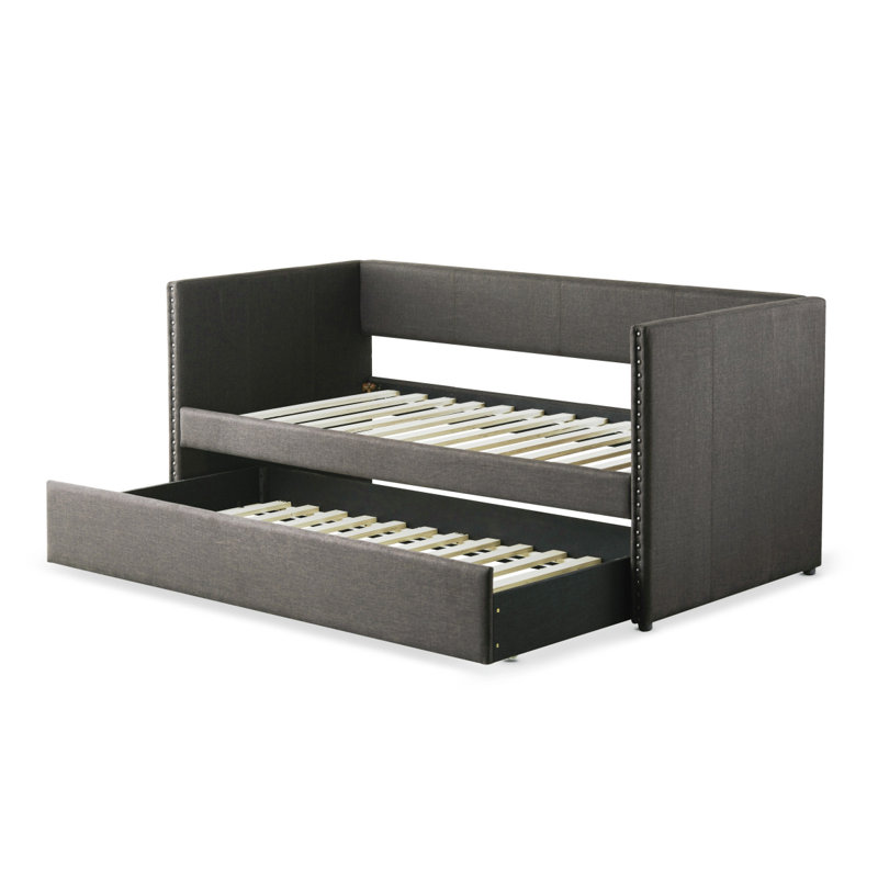 Fabric Upholstered 1Pc Day Bed With Pull-Out Trundle Nailhead Trim Wood Frame Furniture, Gray