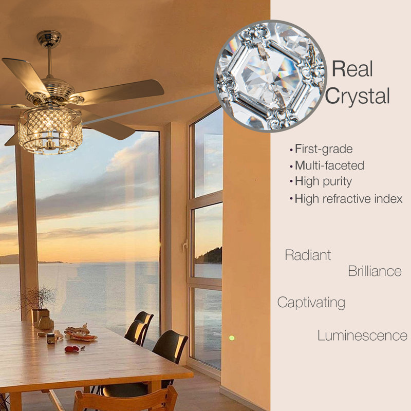 Kamori 52" Crystal Ceiling Fan w Wood Blades and 3 Lights, Crystal Light Shade, Quiet DC Motor w/ Remote