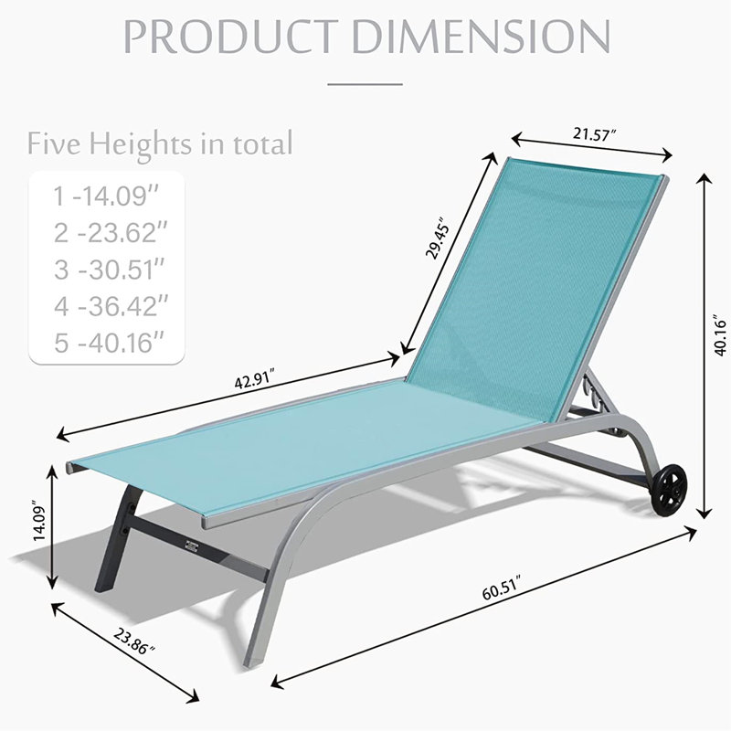 Chaise longue de patio à roulettes - Protégée, 5 positions réglables, aluminium