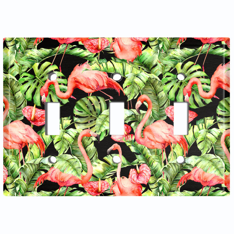 Rose, flamants roses, plantes vertes Monstera, feuilles, plaque noire à 3 interrupteurs à bascule