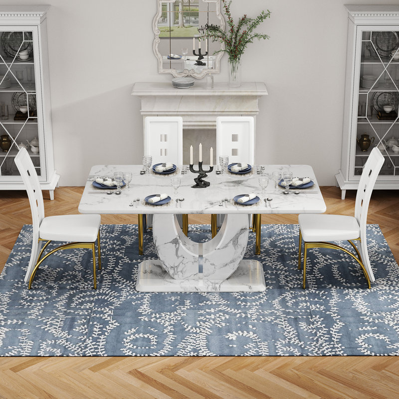 Ensemble de table de salle à manger avec chaises rembourrées en similicuir, 5 pièces: table, 4 chaises, Blanc / Doré