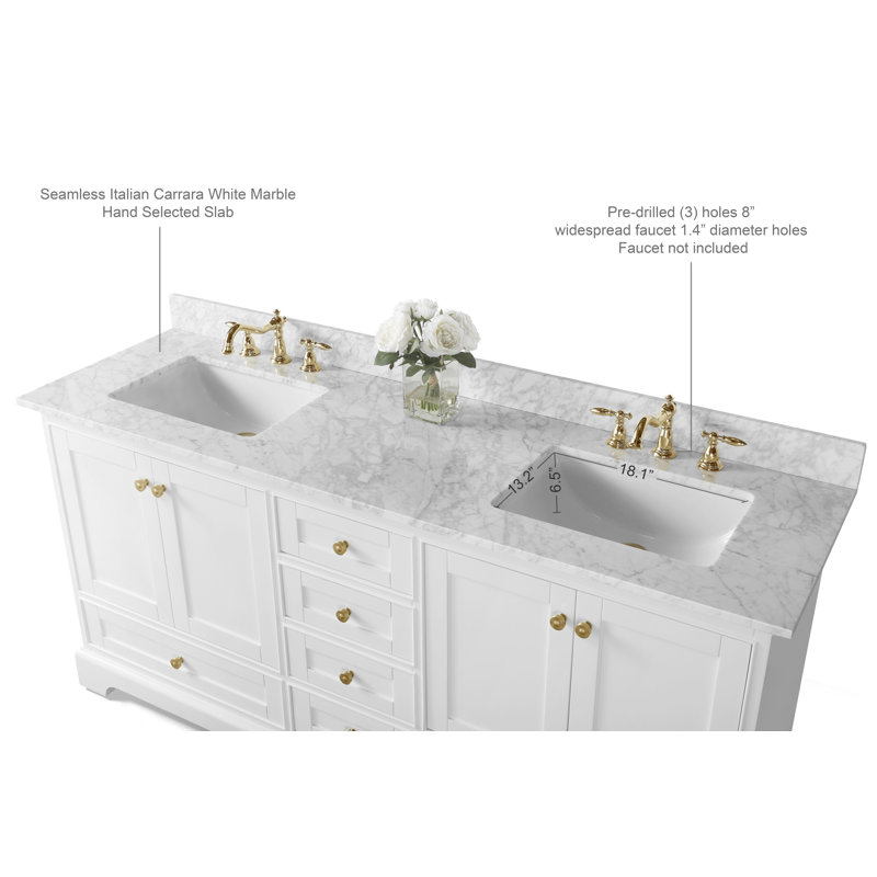 Audrey 66'' W Double Vanity, Carrara White, White | Brushed Gold